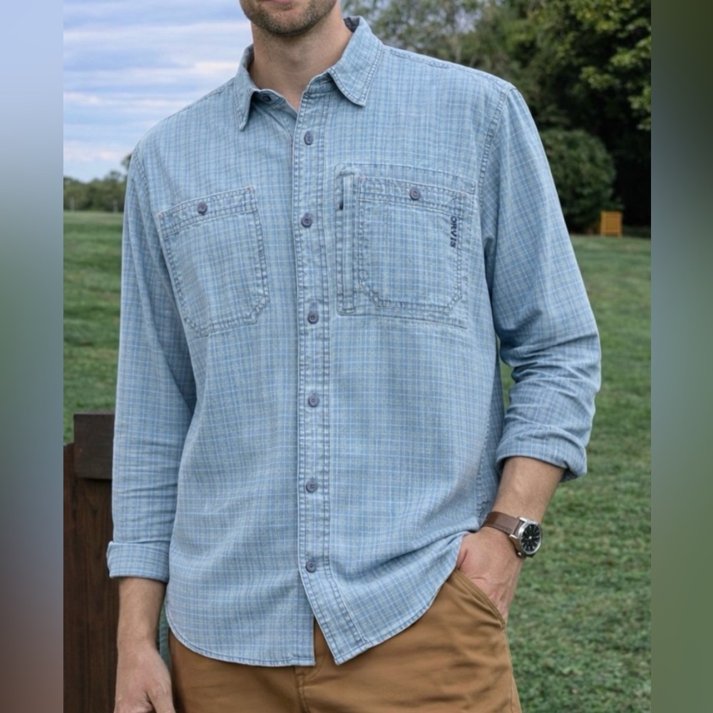 Orvis Blue w/Cream Plaid L/S Button 4 Pocket w/ Security Zip Pocket Large